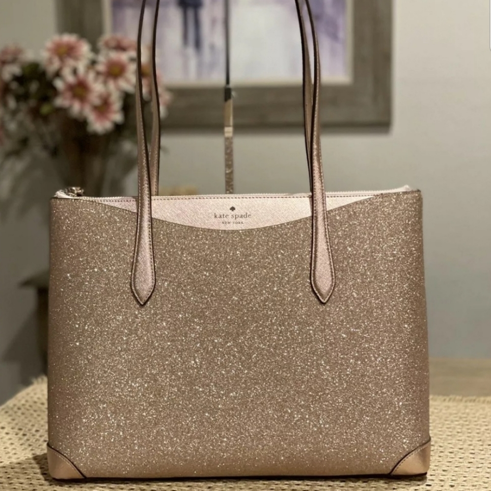 Kate Spade New York Rose Gold Shimmer Glitter Large Tote Bag